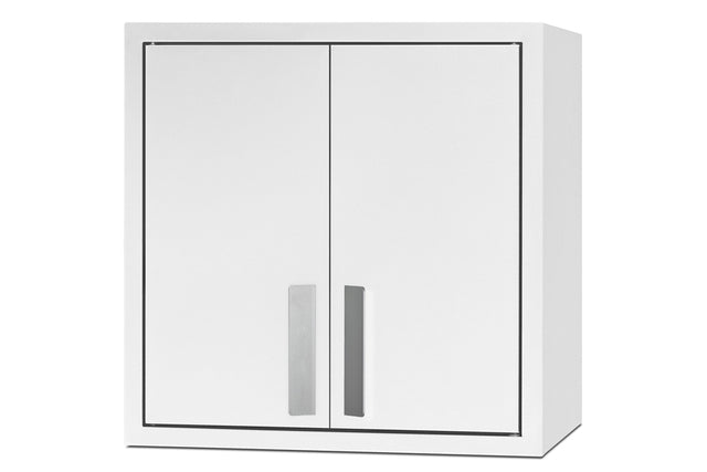 A white, rectangular wall cabinet with two closed doors and silver vertical handles, positioned near the center of each door. The cabinet has clean, simple lines and a modern, minimalist design, making it perfect for kitchenettes. Inside, adjustable shelves offer flexible storage options for various items. The background is plain and white.