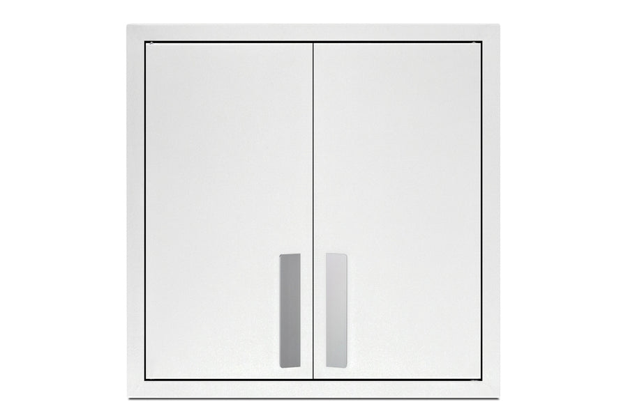 A closed, square, white metal wall cabinet with two doors and vertical silver handles, set against a plain white background. The design is modern and minimalistic, featuring clean lines and no visible hinges or detailing. Ideal for kitchenettes, this cabinet offers adjustable shelves to accommodate various storage needs.
