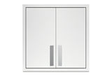 A closed, square, white metal wall cabinet with two doors and vertical silver handles, set against a plain white background. The design is modern and minimalistic, featuring clean lines and no visible hinges or detailing. Ideal for kitchenettes, this cabinet offers adjustable shelves to accommodate various storage needs.