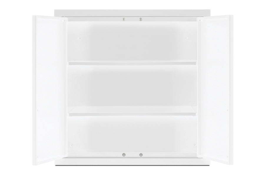 An empty, white, wall-mounted cabinet with two open doors reveals two adjustable shelves inside. The background is plain and white, emphasizing the cabinet’s clean, minimal design and versatile storage space—ideal for kitchenettes or any modern setting.