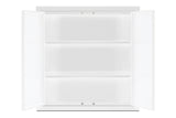 An empty, white, wall-mounted cabinet with two open doors reveals two adjustable shelves inside. The background is plain and white, emphasizing the cabinet’s clean, minimal design and versatile storage space—ideal for kitchenettes or any modern setting.