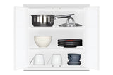 A white wall cabinet with open doors reveals three adjustable shelves holding a stainless steel pot with lid, four white bowls, five black plates, three white mugs, and three dark gray bowls. The arrangement is neat, with similar items grouped together—making it a functional addition to modern kitchenettes.