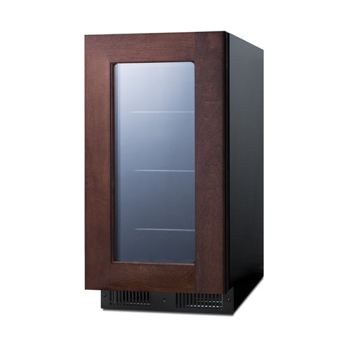 A small, modern undercounter beverage cooler with a glass door framed in dark wood. The black unit features a vent at the bottom, and several metal shelves are visible through the glass. Perfect as a commercial beverage center against any white background.
