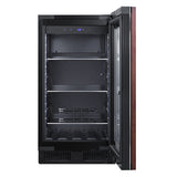 A small undercounter wine refrigerator with a glass door, black frame, and wooden trim is shown open. Inside, several metal shelves and a wavy bottom rack hold bottles. An LED temperature display reads 38°F, and cool white lights illuminate the interior.
