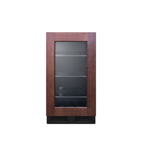 A front-facing view of a compact, panel ready wine refrigerator with a wooden frame door and glass panel, showing three shelves and a wavy rack inside. This black undercounter unit features a vent at the bottom, and the interior is empty.
