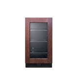 A front-facing view of a compact, panel ready wine refrigerator with a wooden frame door and glass panel, showing three shelves and a wavy rack inside. This black undercounter unit features a vent at the bottom, and the interior is empty.