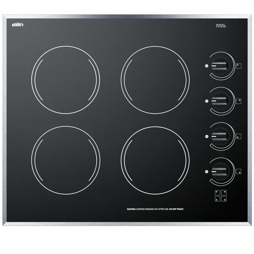 Black radiant cooktop with four circular burners outlined in white, arranged in a square. Crafted from durable Schott ceramic glass, this 24 inch electric cooktop features four right-side control knobs, each labeled with ascending settings. Text and Summit logo on top left; edge framed in silver trim. Smooth, flat surface; minimalist, modern design.