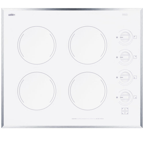 A white, 24 inch electric cooktop with four burners featuring simple round burner outlines, four control knobs on the right, and a sleek silver trim framing the unit. There are small indicator lights and two buttons below the knobs. The smooth surface of this radiant cooktop appears easy to clean.