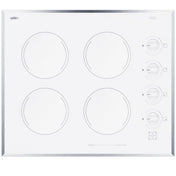 A white, 24 inch electric cooktop with four burners featuring simple round burner outlines, four control knobs on the right, and a sleek silver trim framing the unit. There are small indicator lights and two buttons below the knobs. The smooth surface of this radiant cooktop appears easy to clean.