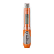 An orange and clear plastic Accucold Temperature Data Logger, NIST calibrated for accuracy, with a small display screen designed for temperature monitoring. This portable data logger is vertically oriented with the cap on, showcasing its compact, pen-like design and user-friendly features.
