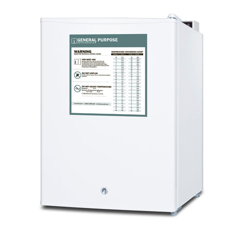 A white Accucold compact all-refrigerator with a lock on the bottom door and a label displaying general purpose usage information, safety warnings, and a temperature conversion chart on the front. This medical refrigerator features a clean, minimalistic design with an easy-to-read digital thermostat, and is angled slightly to the right.