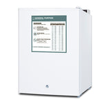 A white Accucold compact all-refrigerator with a lock on the bottom door and a label displaying general purpose usage information, safety warnings, and a temperature conversion chart on the front. This medical refrigerator features a clean, minimalistic design with an easy-to-read digital thermostat, and is angled slightly to the right.