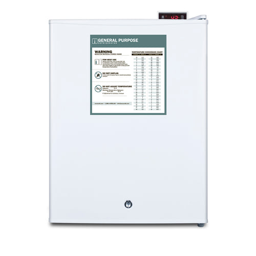 A white upright freezer with a lock at the bottom center. A sign labeled General Purpose and Warning with safety instructions and a temperature conversion chart is on the door. A digital thermostat display is visible on the top right corner, emphasizing its suitability as a medical refrigerator for secure, temperature-controlled storage.