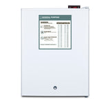 A white upright freezer with a lock at the bottom center. A sign labeled General Purpose and Warning with safety instructions and a temperature conversion chart is on the door. A digital thermostat display is visible on the top right corner, emphasizing its suitability as a medical refrigerator for secure, temperature-controlled storage.