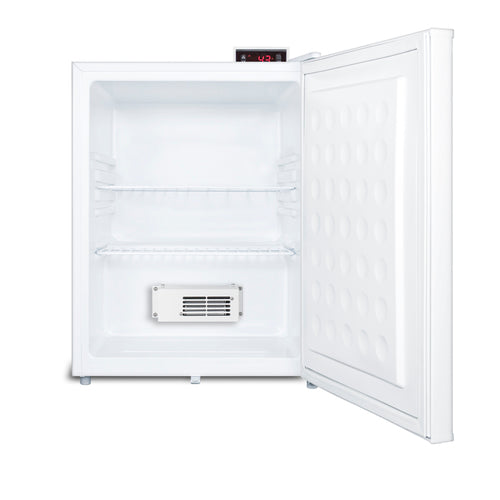 An empty white freezer with the door open, revealing two wire shelves and a vent at the bottom back. The digital thermostat on top reads -42°C, ensuring precise temperature control for sensitive storage needs. The door’s interior has a smooth, dimpled pattern. Ideal for use as a medical refrigerator, this unit is clean and well-lit.