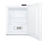 An empty white freezer with the door open, revealing two wire shelves and a vent at the bottom back. The digital thermostat on top reads -42°C, ensuring precise temperature control for sensitive storage needs. The door’s interior has a smooth, dimpled pattern. Ideal for use as a medical refrigerator, this unit is clean and well-lit.