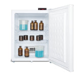 A small white Accucold compact all-refrigerator with its door open, displaying brown glass bottles and clear containers filled with blue liquid on three shelves. The digital thermostat display reads -42°C. The interior is clean and organized, making this medical refrigerator ideal for safe and precise storage needs.