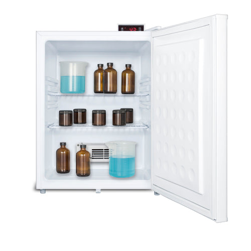 A small white Accucold compact all-refrigerator with its door open, displaying brown glass bottles and clear containers filled with blue liquid on three shelves. The digital thermostat display reads -42°C. The interior is clean and organized, making this medical refrigerator ideal for safe and precise storage needs.