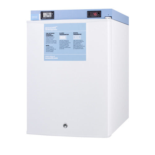 A white upright laboratory refrigerator with a lock on the bottom door, a blue control panel on top displaying digital temperature readings and a temperature alarm, and an information label on the front. The brand name Accucold is visible on the label, making this unit an ideal medical refrigerator for secure and reliable storage.