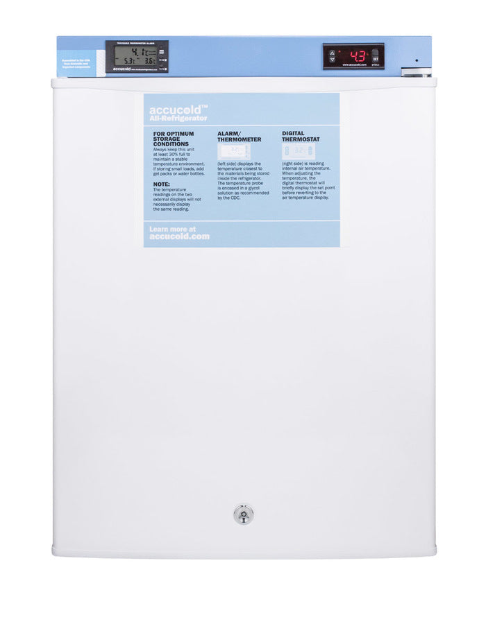 White Accucold medical refrigerator with a blue control panel on top displaying digital temperatures and a temperature alarm for added safety. The door features instructions, warnings, and a lock at the bottom center. This pharmaceutical compact refrigerator has an exterior that is clean, functional, and designed for clinical or laboratory use.
