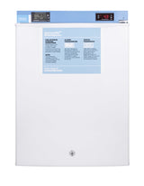 White Accucold medical refrigerator with a blue control panel on top displaying digital temperatures and a temperature alarm for added safety. The door features instructions, warnings, and a lock at the bottom center. This pharmaceutical compact refrigerator has an exterior that is clean, functional, and designed for clinical or laboratory use.