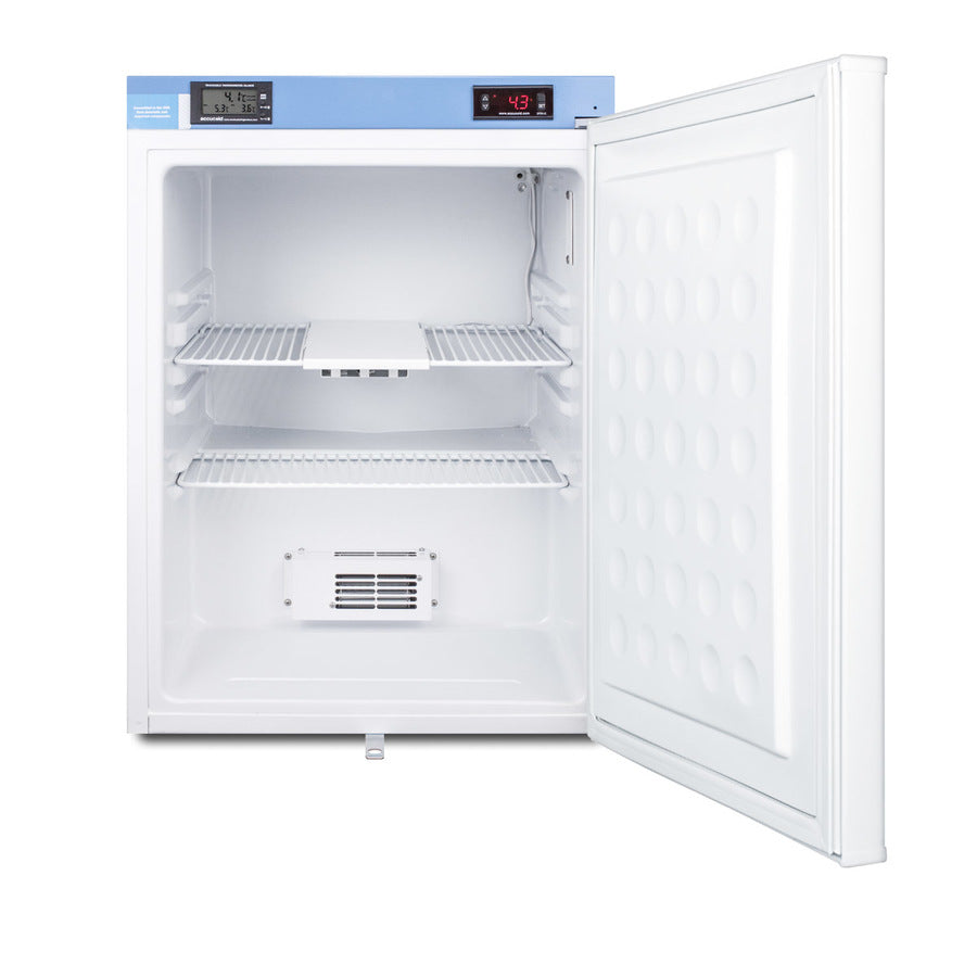 An open upright laboratory freezer with two wire shelves, a vent at the bottom back, a digital display showing -43°C, and a white, textured inner door. The interior is empty and brightly lit, similar in design to a pharmaceutical compact refrigerator and featuring an advanced temperature alarm for reliable performance.