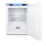 An open upright laboratory freezer with two wire shelves, a vent at the bottom back, a digital display showing -43°C, and a white, textured inner door. The interior is empty and brightly lit, similar in design to a pharmaceutical compact refrigerator and featuring an advanced temperature alarm for reliable performance.