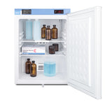 A laboratory refrigerator with its door open, showing shelves holding brown glass bottles, clear plastic bottles with blue liquid, and a box labeled Fentanyl Buccal Tablets. This pharmaceutical compact refrigerator features a digital display on top showing temperature settings and includes a temperature alarm for enhanced safety.