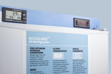 Close-up of a white Accucold medical refrigerator with digital temperature displays on top showing 3.9°C and 3.9°C. A blue and white label on the door gives storage condition guidelines, alarm/thermometer usage, and digital thermostat instructions, highlighting its reliable temperature alarm system for secure storage of sensitive materials.
