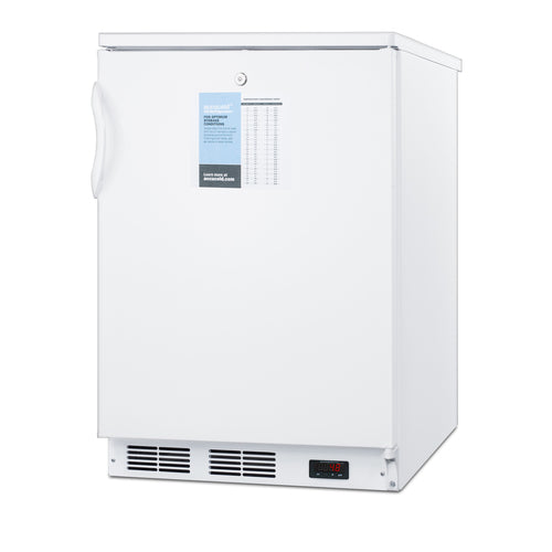 A white upright medical freezer with a side handle, flat top, a chart posted on the front, front-facing lower vent, and a small digital display showing -42°C. The exterior is clean and unadorned, except for the information sheet and handle—making it an ideal companion to any Accucold Undercounter Refrigerator in clinical or laboratory settings.
