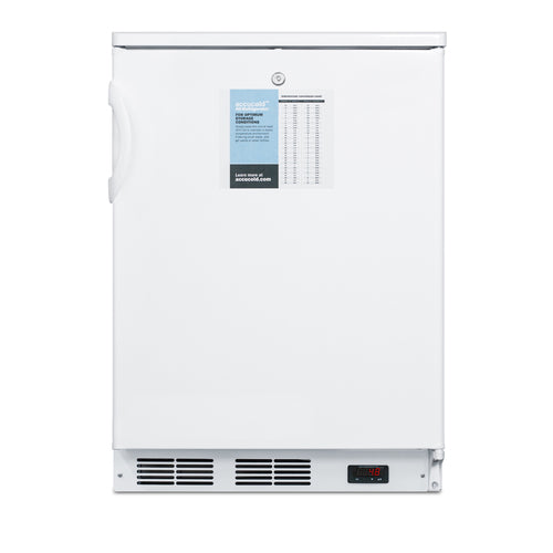 A white, upright medical freezer with a handle on the left, a lock at the top, a blue and white information label, air vents at the bottom, and a small digital temperature display showing red numbers at the lower right. This medical refrigerator is ideal for laboratories or clinics requiring reliable cold storage. The freezer is closed.