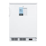 A white, upright medical freezer with a handle on the left, a lock at the top, a blue and white information label, air vents at the bottom, and a small digital temperature display showing red numbers at the lower right. This medical refrigerator is ideal for laboratories or clinics requiring reliable cold storage. The freezer is closed.