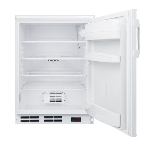 The Accucold Undercounter Refrigerator is shown open to the right, featuring an empty white interior with three wire shelves, two door shelves, and a vent at the bottom. This commercial refrigerator also includes a digital display on the lower front panel, ideal for medical or professional settings.