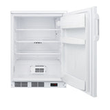 The Accucold Undercounter Refrigerator is shown open to the right, featuring an empty white interior with three wire shelves, two door shelves, and a vent at the bottom. This commercial refrigerator also includes a digital display on the lower front panel, ideal for medical or professional settings.