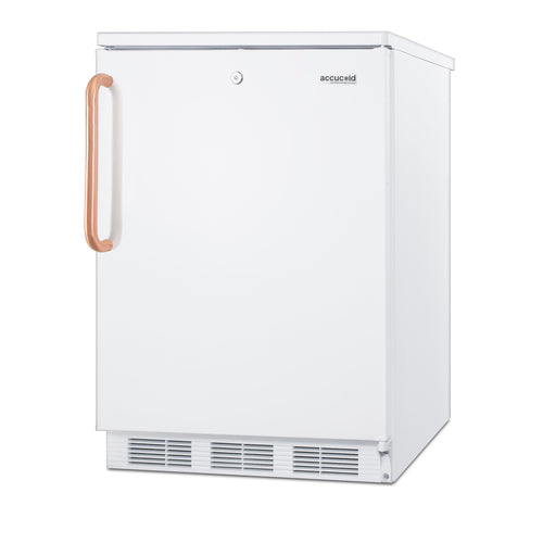 A white, upright medical freezer with a single door, a copper-colored handle on the left, a front vent at the bottom, and the “accucold” logo near the top right. The freezer is rectangular and has a solid, minimalist design that mirrors the clean aesthetic of a commercial refrigerator.