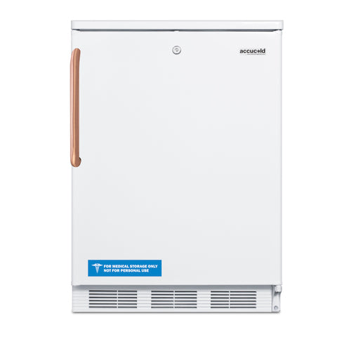 A white medical all-refrigerator with a copper handle and a lock. The brand accucold is in the top right. A blue label on the bottom left says, FOR MEDICAL STORAGE ONLY NOT FOR PERSONAL USE. This counter height refrigerator features a vent below the door.