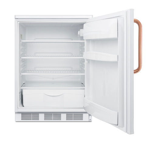 An empty white counter height refrigerator with the door open, showing two shelves, a clear crisper drawer at the bottom, and two door shelves. The door has a copper-colored handle, and the fridge is clean and well-lit inside.