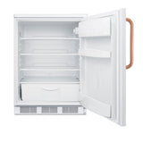 An empty white counter height refrigerator with the door open, showing two shelves, a clear crisper drawer at the bottom, and two door shelves. The door has a copper-colored handle, and the fridge is clean and well-lit inside.