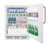An open counter height refrigerator stocked with bottled drinks, yogurt, pudding cups, and green glass bottles in the door. Shelves are neatly arranged with items facing forward. The handle on the door is copper-colored. The fridge has a lower drawer and white interior.