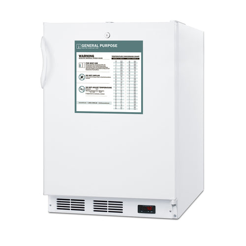 White upright medical freezer with a handle on the left side and a warning label on the door. Vents and a digital temperature display are visible at the bottom right front. The surface is clean and the overall design is simple and functional, ideal for use alongside an undercounter all-refrigerator or in commercial refrigerator settings.