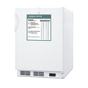 White upright medical freezer with a handle on the left side and a warning label on the door. Vents and a digital temperature display are visible at the bottom right front. The surface is clean and the overall design is simple and functional, ideal for use alongside an undercounter all-refrigerator or in commercial refrigerator settings.