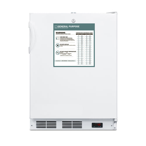 A white upright medical freezer with a handle on the left, a temperature display at the bottom, vents, and a large label on the door displaying warnings, general purpose usage information, and a temperature conversion chart. Designed for versatility in professional settings, this unit offers features often found in commercial refrigerators.