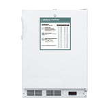 A white upright medical freezer with a handle on the left, a temperature display at the bottom, vents, and a large label on the door displaying warnings, general purpose usage information, and a temperature conversion chart. Designed for versatility in professional settings, this unit offers features often found in commercial refrigerators.