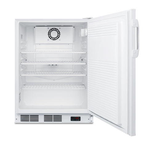 A white, upright mini freezer with its door open, revealing three adjustable wire shelves, a vent fan on the back wall, and a digital temperature display at the bottom front. Reminiscent of a compact commercial refrigerator, the interior is clean and empty.