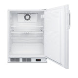 A white, upright mini freezer with its door open, revealing three adjustable wire shelves, a vent fan on the back wall, and a digital temperature display at the bottom front. Reminiscent of a compact commercial refrigerator, the interior is clean and empty.