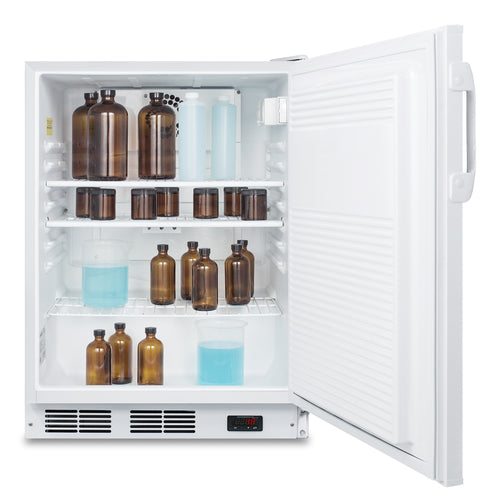 An open white undercounter all-refrigerator shows brown glass bottles and containers with blue liquid on three wire shelves. The fridge door is ajar, revealing a white interior and digital display at the bottom. This ADA compliant commercial refrigerator features assorted containers neatly arranged in various sizes.