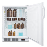 An open white undercounter all-refrigerator shows brown glass bottles and containers with blue liquid on three wire shelves. The fridge door is ajar, revealing a white interior and digital display at the bottom. This ADA compliant commercial refrigerator features assorted containers neatly arranged in various sizes.
