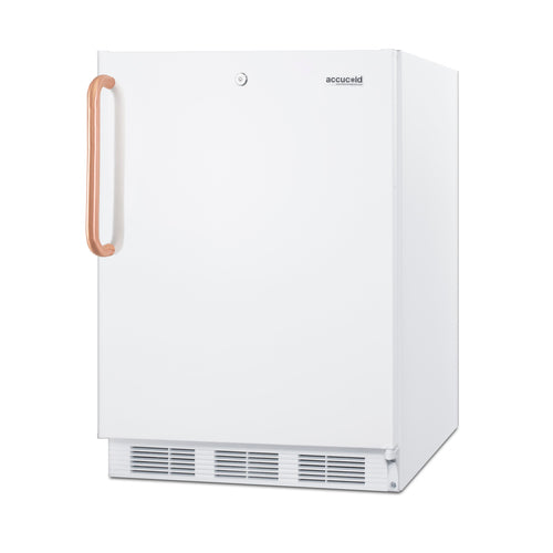 A white, upright commercial refrigerator with a solid door, brown vertical handle on the left, a lock above the handle, and ventilation grilles at the bottom. The Accucold brand logo appears in the top right corner of the door.