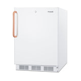 A white, upright commercial refrigerator with a solid door, brown vertical handle on the left, a lock above the handle, and ventilation grilles at the bottom. The Accucold brand logo appears in the top right corner of the door.