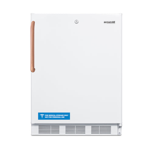 A white medical refrigerator with a copper handle, labeled accucold. This ADA compliant undercounter refrigerator features a blue sticker on the bottom left that reads, FOR MEDICAL STORAGE ONLY NOT FOR PERSONAL USE. The vent is at the bottom, and the door has a key lock at the top.